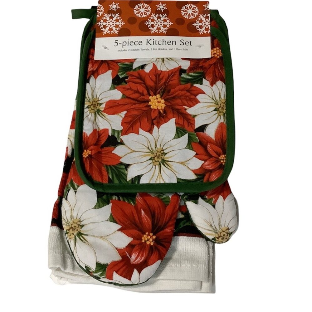 5 Piece Kitchen Set Christmas Dish Towels  Pot Holders Oven Mitt Red White Gree